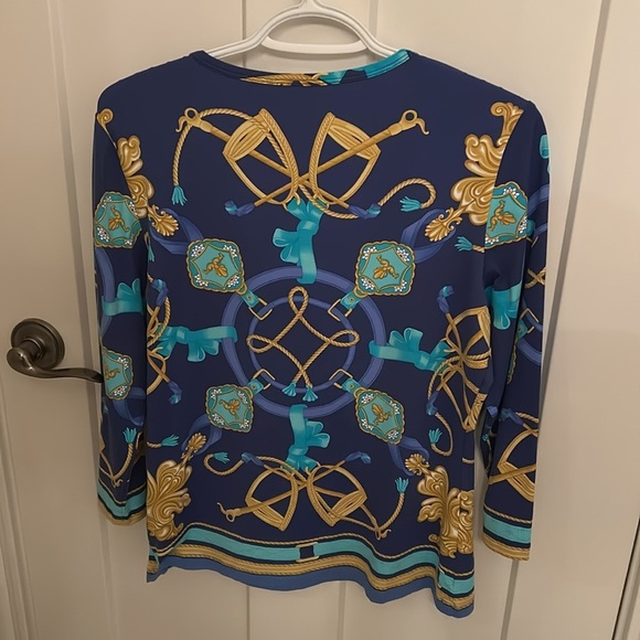 Versace-inspired J. McLaughlin luxe blue, aqua and gold equestrian top, size M - Picture 6 of 6